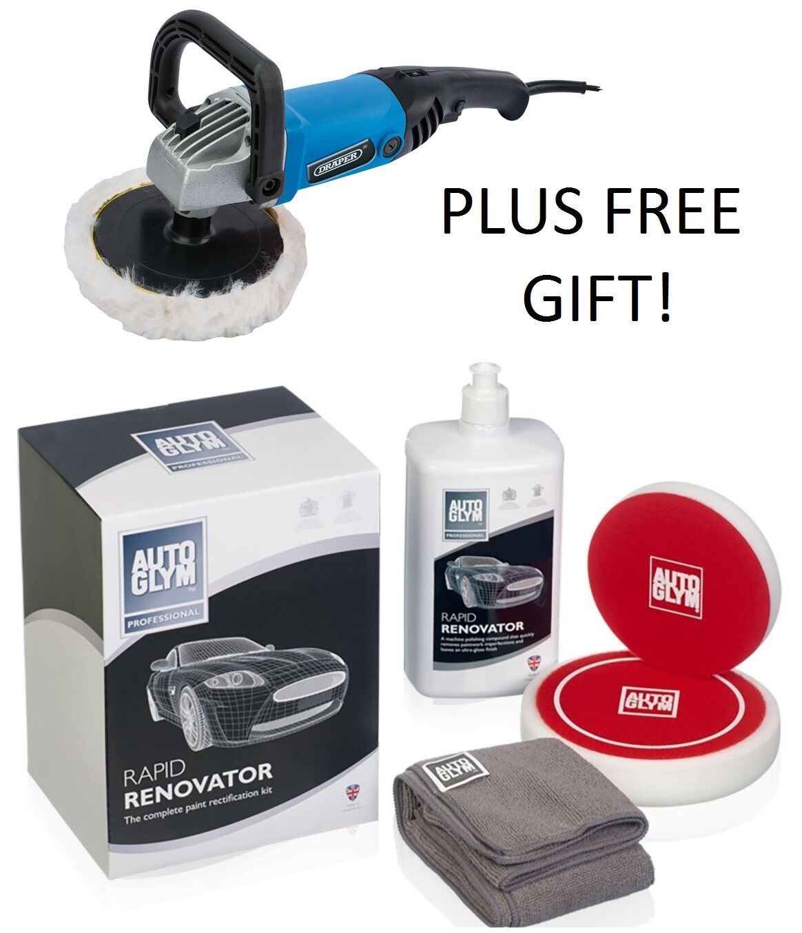 AUTOGLYM DRAPER Machine Rotary Polish RAPID RENOVATOR Kit Set Pad Polisher +GIFT