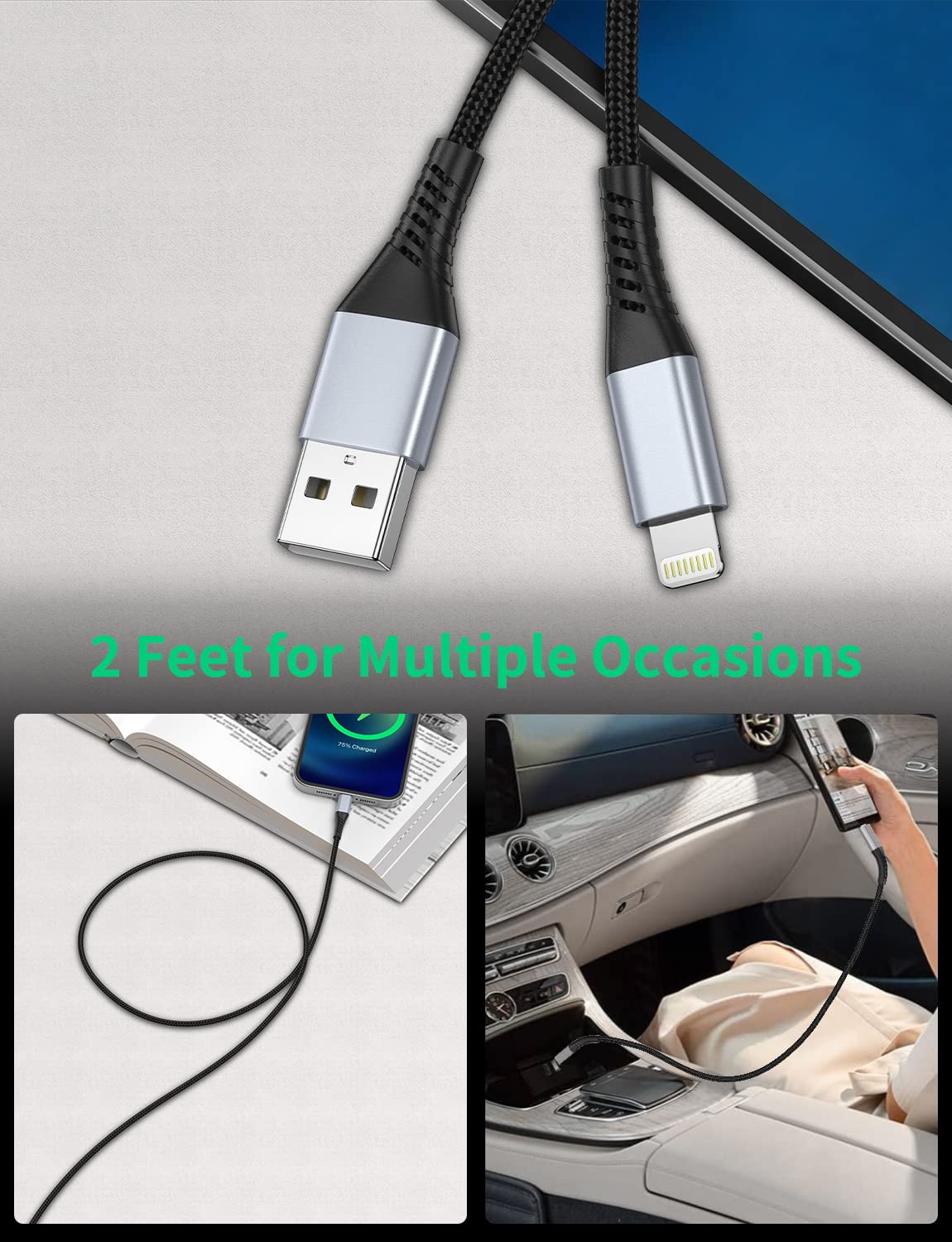 NEW High Quality USB A to iPhone Lightning Wire Cable 0.6m 60cm BRAIDED Grey